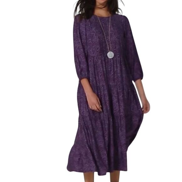 J. Jill Tiered Midi Dress Size L Purple Paisley 3/4 Sleeve Flowy Viscose Boho - Picture 2 of 13